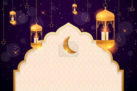 Luxury realistic decorative eid festival islamic banner background design with lantern crescent moon