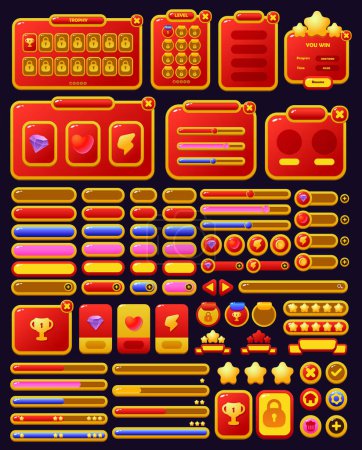 Illustration for Set of game assets menu buttons popup screens and settings buttons red and yellow - Royalty Free Image