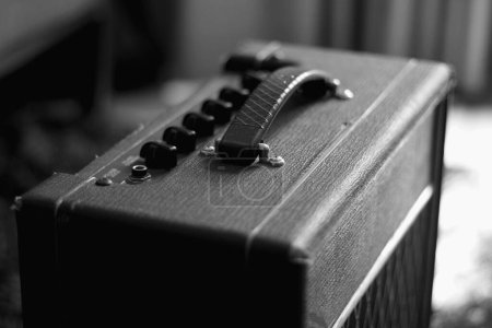 Photo for Antique guitar amplifier, suitcase type, black and white photograph, musicians, bands, instruments - Royalty Free Image