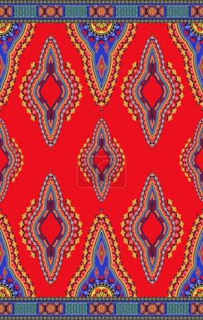 Téléchargez les photos : Illustration ethnique ouest africain dashiki forme florale abstraite colorée avec bordure motif sans couture sur fond rouge. Utilisation pour tissu, textile, éléments de décoration intérieure, tapisserie d'ameublement, emballage. - en image libre de droit