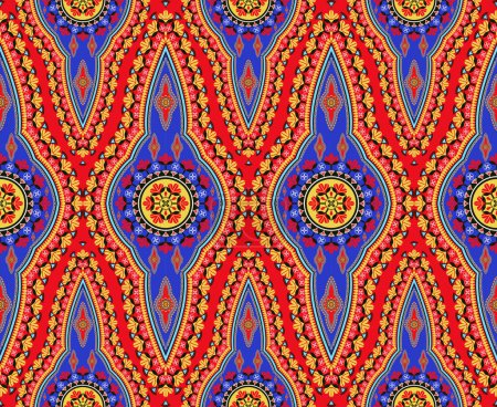 Photo for Illustration ethnic west African dashiki colorful abstract floral shape seamless pattern on red background. Use for fabric, textile, interior decoration elements, upholstery, wrapping. - Royalty Free Image