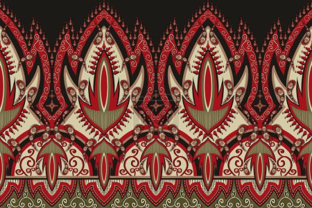 Téléchargez les photos : Modèle traditionnel ethnique de bordure de couleur rouge-or. Illustration ethnique tribal Kaftan, Maya, motif sans couture moghol. Motif oriental ethnique pour tissu, textile, ornements intérieurs à la maison, tapisserie d'ameublement. - en image libre de droit