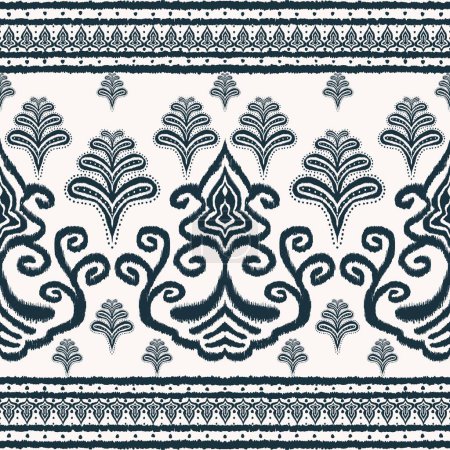 Téléchargez les photos : Modèle ikat frontière ethnique. Illustration ikat bleu-blanc couleur traditionnelle indienne paisley fleur forme abstraite bordure motif sans couture. Utilisez pour le tissu, éléments de décoration à la maison, tapisserie d'ameublement, emballage. - en image libre de droit