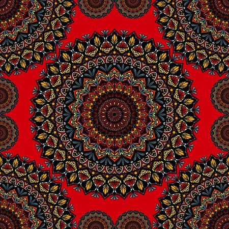 Photo for Mandala traditional surface pattern. Illustration traditional colorful mandala round shape seamless pattern on red color background. Ethnic geometric pattern use for fabric, home decoration elements. - Royalty Free Image