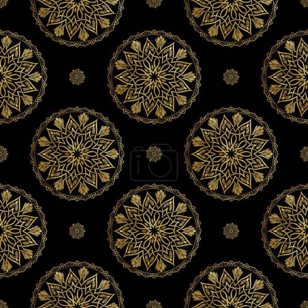 Téléchargez les photos : Mandala oriental motif floral texturé or. Illustration mandala floral avec motif sans couture texturé or sur fond noir. Utilisez pour le textile, éléments de décoration à la maison, tapisserie d'ameublement, emballage, etc. - en image libre de droit