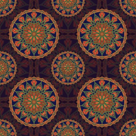 Téléchargez les photos : Mandala oriental motif floral. Illustration forme de fleur de mandala coloré motif sans couture avec fond de texture. Utilisation de motif floral ethnique pour le textile, éléments de décoration à la maison, tapisserie d'ameublement, etc.. - en image libre de droit