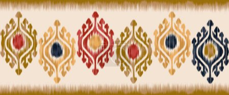 Colorful ikat runner rug ethnic pattern. Illustration ikat dye watercolor ethnic geometric motif seamless pattern. Ikat ethnic pattern use for textile border, table runner, tablecloth, floor rug, etc.