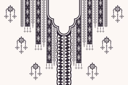 Téléchargez les illustrations : Vecteur ethnique aztèque cou broderie noir et blanc motif de couleur géométrique triangle forme design. Mode d'art tribale pour chemises. - en licence libre de droit