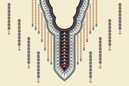 Téléchargez les illustrations : Modèle de broderie de cou ethnique vectoriel forme géométrique couleur vintage sur fond blanc crème. Art tribal élégant pour chemises. - en licence libre de droit