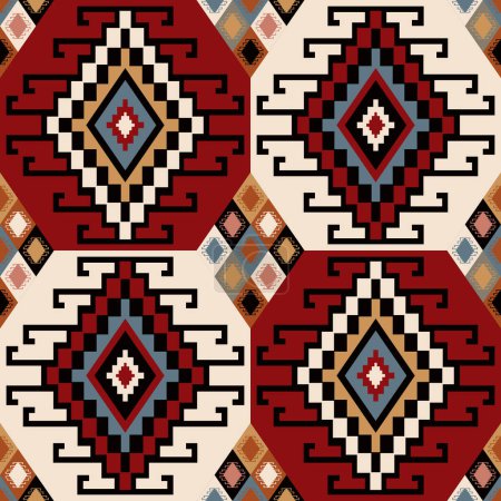 Patrón geométrico étnico colorido. Vector azteca Kilim forma cuadrada geométrica diamante patrón sin costura. Uso colorido del patrón turco para la tela, textil, elementos de decoración del hogar, tapicería, envoltura.