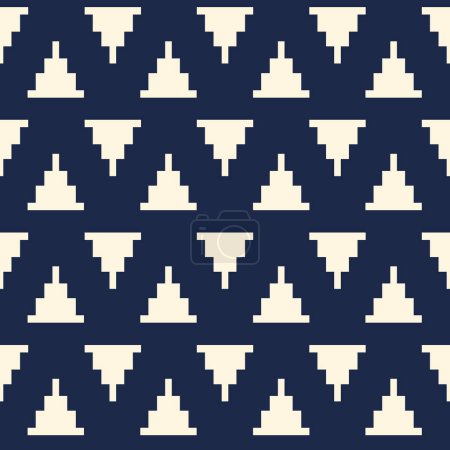 Téléchargez les illustrations : Modèle simple de triangle tribal aztèque. Vector aztec géométrique petit triangle forme sans couture modèle pixel style sur fond bleu. Utilisation de motif géométrique ethnique pour le tissu, éléments de décoration à la maison. - en licence libre de droit