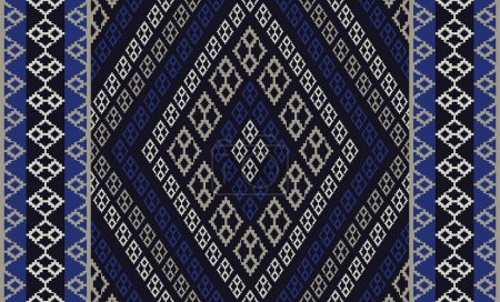 Illustration for Aztec tribal traditional blue color pattern for carpet, area rug, mat, tapestry. Traditional Aztec tribal geometric square diamond pattern use for home decoration elements. Ethnic floor rug pattern. - Royalty Free Image