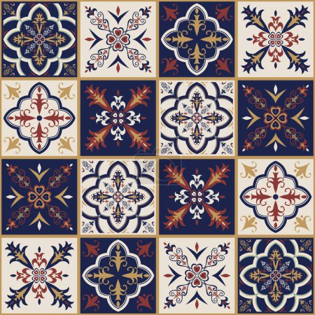 Illustration for Colorful patchwork tiles floral pattern Arabic style. Vector ethnic colorful Moroccan, Portuguese tiles seamless pattern. Trendy mosaic tile stickers design. Use for home interior decoration elements. - Royalty Free Image