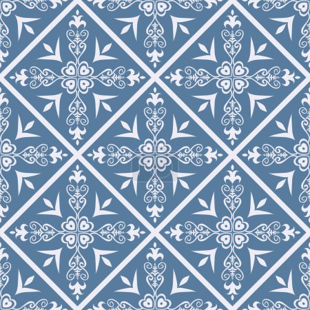 Illustration for Ethnic floral square tile pattern. Vector ethnic geometric floral shape seamless pattern blue Moroccan style. Mediterranean pattern use for fabric, home decoration elements, upholstery, wrapping. - Royalty Free Image