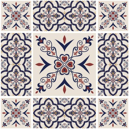 Illustration for Colorful patchwork tiles floral pattern Arabic style. Vector ethnic colorful Moroccan, Portuguese tiles seamless pattern. Peranakan tile pattern use for home interior flooring decoration elements. - Royalty Free Image