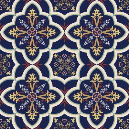 Illustration for Ethnic geometric floral tile pattern. Vector ethnic geometric floral shape seamless pattern Arabic style. Mediterranean pattern use for fabric, textile, home decoration elements, upholstery, wrapping. - Royalty Free Image