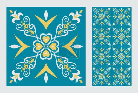 Illustration for Ethnic floral square tile pattern. Vector two ornaments set of ethnic geometric floral shape seamless pattern colorful Moroccan style. Mediterranean pattern use for textile, home decoration elements. - Royalty Free Image