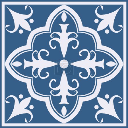 Téléchargez les illustrations : Modèle de tuiles florales géométriques ethniques. Vecteur motif carré floral géométrique ethnique bleu style de couleur marocaine. Modèle méditerranéen ethnique utilisation pour les éléments de décoration intérieure de plancher de maison, etc.. - en licence libre de droit