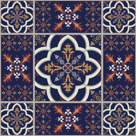 Illustration for Patchwork tiles floral pattern Arabic style. Vector ethnic blue color Moroccan, Portuguese tiles seamless pattern. Peranakan tile pattern use for home interior flooring decoration elements. - Royalty Free Image