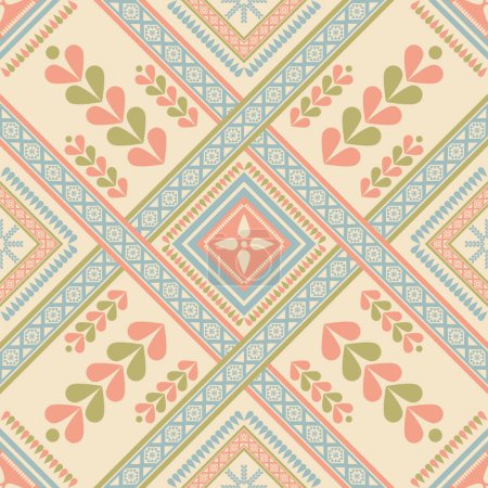 Illustration for Ethnic colorful vintage geometric pattern. Vector colorful geometric square overlapping seamless pattern. Colorful ethnic pattern use for fabric, textile, home decoration elements, upholstery, etc. - Royalty Free Image