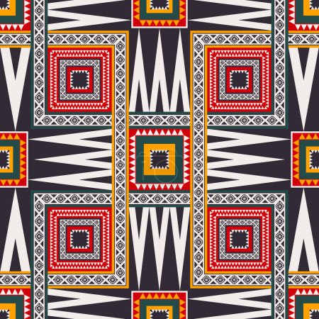 Illustration for African geometric pattern. Vector ethnic geometric square-triangle shape seamless pattern african color style. Ethnic geometric pattern use for textile, carpet, rug, tapestry, wallpaper, cushion, etc. - Royalty Free Image