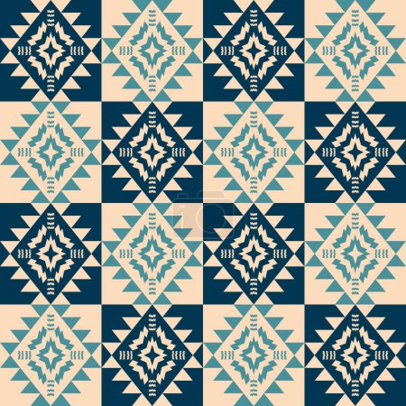 Illustration for Ethnic blue-white color geometric checkered pattern. Vector ethnic southwest blue-white color seamless pattern. Southwest geometric pattern use for textile, home decoration elements, upholstery, etc. - Royalty Free Image