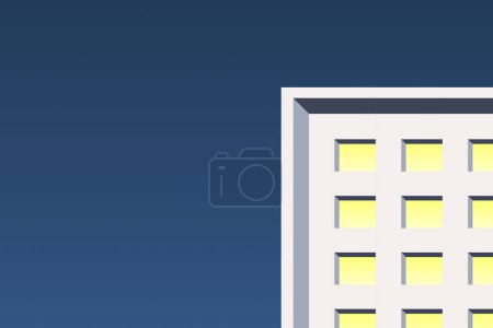 Illustration for Minimal building night background. Vector apartment building with window lights on night blue sky gradient background with copy space. - Royalty Free Image