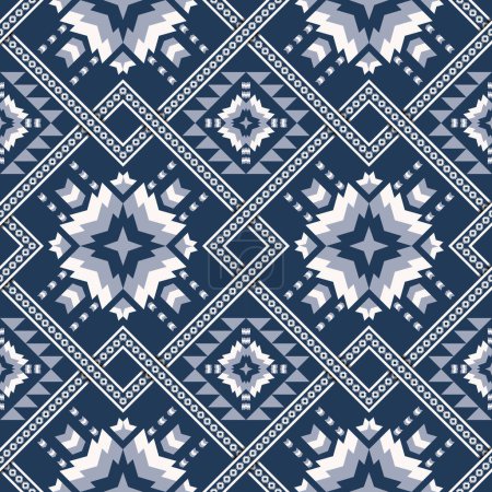 Illustration for Blue color ethnic geometric pattern. Vector ethnic geometric square overlapping shape seamless pattern. Blue color ethnic pattern use for fabric, textile, wallpaper, cushion, upholstery, wrapping. - Royalty Free Image
