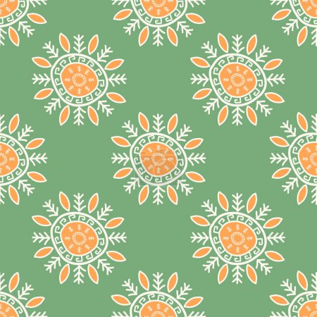 Illustration for Simple ethnic floral pattern. Vector ethnic floral colorful drawing round shape seamless pattern. Ethnic floral surface pattern design use for textile, wallpaper, cushion, upholstery, wrapping, etc. - Royalty Free Image