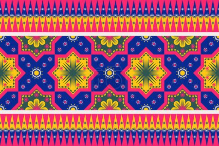 Illustration for Ethnic traditional colorful geometric pattern. Vector ethnic geometric floral shape seamless pattern traditional style. Colorful ethnic pattern use for textile border, cushion, carpet, wallpaper, etc. - Royalty Free Image