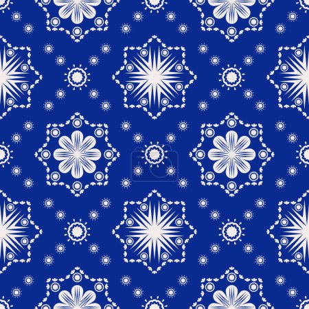 Illustration for Ethnic blue-white floral geometric pattern. Vector geometric floral shape seamless pattern background. Ethnic embroidery surface pattern design use for fabric, textile, home decoration elements, etc. - Royalty Free Image