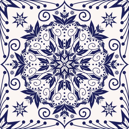 Illustration for Ethnic floral square tile blue-white color pattern. Vector ethnic floral drawing shape geometric square seamless pattern. Ethnic floral pattern use for carpet, rug, wallpaper, cushion, tile flooring. - Royalty Free Image