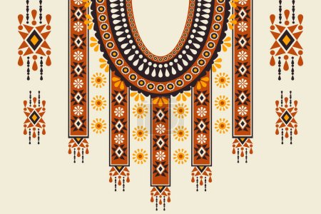 Illustration for Vector ethnic tribal African geometric neckline colorful pattern. African tribal art shirts fashion. Ethnic neck embroidery ornaments. Traditional African clothing design. Ethnic neckline pattern. - Royalty Free Image