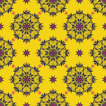 Illustration for Ethnic floral colorful yellow pattern. Vector ethnic floral drawing round geometric shape seamless pattern. Ethnic floral pattern use for fabric, textile, home decoration elements, upholstery, etc. - Royalty Free Image
