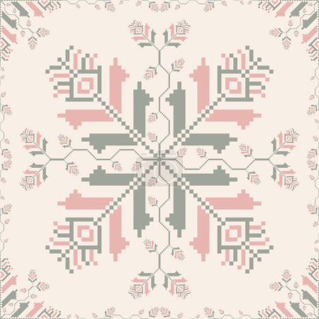 Illustration for Colorful embroidery floral pattern. Vector geometric floral shape seamless pattern pixel art style. Ethnic floral stitch pattern use for fabric, textile, home decoration elements, upholstery, etc. - Royalty Free Image