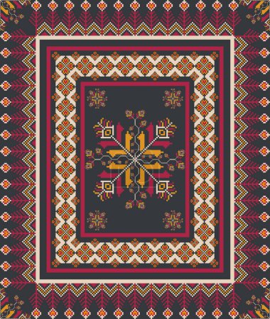 Illustration for Embroidery stitch geometric pattern. Vector ethnic geometric shape seamless pattern colorful pixel art style. Ethnic stitch pattern use for carpet, rug, cushion, quilt, wallpaper, upholstery, etc. - Royalty Free Image