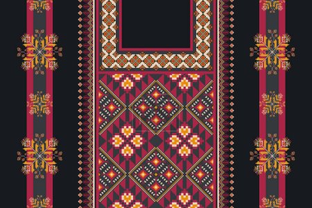 Illustration for Ethnic dress pattern. Ethnic neckline embroidery pattern. Vector ethnic geometric neckline traditional pattern. Tribal art shirts fashion. Neck embroidery with border ornaments vintage pixel art style - Royalty Free Image