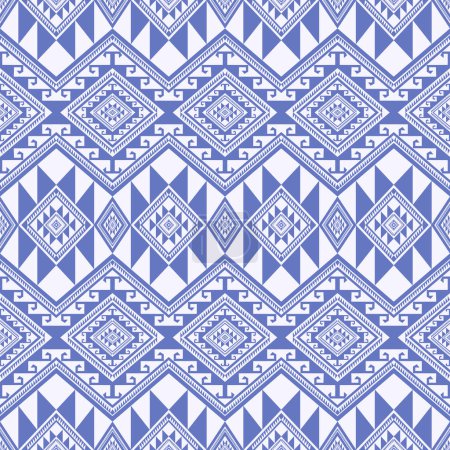 Illustration for Aztec tribal modern color geometric pattern. Vector aztec tribal geometric shape seamless pattern blue-white color. Ethnic geometric pattern use for textile, carpet, cushion, quilt, wallpaper, etc. - Royalty Free Image