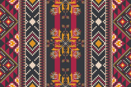 Illustration for Ethnic embroidery stripes pattern. Vector ethnic geometric shape seamless pattern colorful vintage pixel art style. Ethnic geometric stitch pattern use for textile, carpet, cushion, wallpaper, etc. - Royalty Free Image
