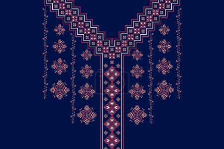 Illustration for Ethnic cross stitch pattern. Ethnic neckline embroidery design. Vector geometric neckline traditional stitch pattern. Textile collar shirts fashion. Ethnic cloth ornaments colorful pixel art style. - Royalty Free Image