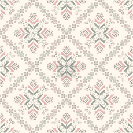 Illustration for Colorful embroidery floral pattern. Vector geometric floral shape seamless pattern pixel art style. Ethnic floral square stitch pattern use for textile, home decoration elements, upholstery, etc. - Royalty Free Image