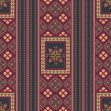 Illustration for Ethnic embroidery stripes pattern. Vector ethnic geometric shape seamless pattern colorful vintage pixel art style. Ethnic geometric floral stitch pattern use for textile, carpet, cushion, wallpaper. - Royalty Free Image