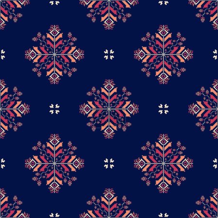 Illustration for Geometric floral stitch pattern. Vector geometric floral stitch seamless pattern pixel art style. Embroidery floral pattern use for fabric, textile, home decoration elements, upholstery, wrapping, etc - Royalty Free Image