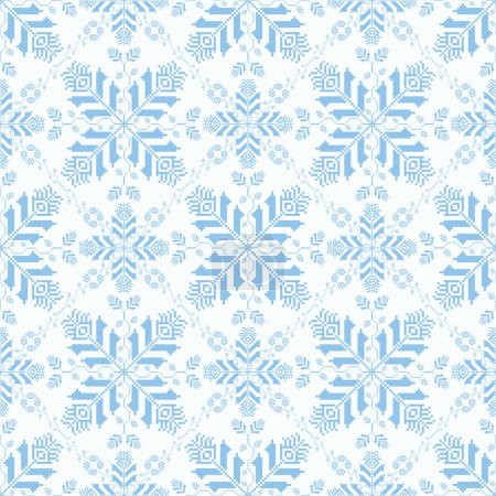 Illustration for Blue-white colorful geometric floral pattern. Vector geometric floral seamless pattern pixel art style. Floral stitch pattern use for fabric, textile, wallpaper, cushion, carpet, upholstery, wrapping. - Royalty Free Image