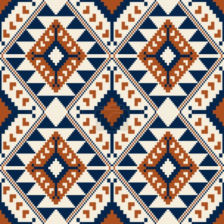 Illustration for Aztec colorful geometric pattern. Vector aztec geometric shape seamless pattern cross stitch style. Ethnic geometric stitch pattern use for textile, wallpaper, cushion, carpet, rug, upholstery, etc - Royalty Free Image