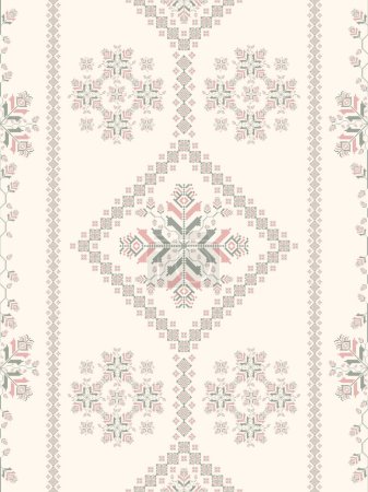 Illustration for Ethnic embroidery floral geometric colorful pattern. Vector geometric floral shape seamless pattern pixel art style. Ethnic floral cross stitch pattern use for fabric, textile, wallpaper, upholstery. - Royalty Free Image