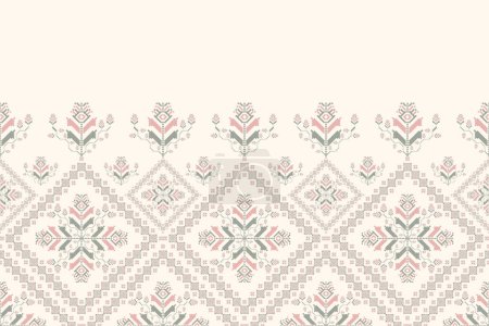 Illustration for Colorful embroidery floral pattern. Vector geometric floral square shape seamless pattern pixel art style. Geometric floral stitch pattern use for textile, wallpaper, cushion, carpet, upholstery, etc. - Royalty Free Image