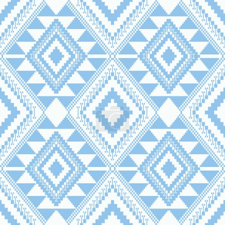 Illustration for Aztec blue-white geometric pattern. Vector aztec geometric shape seamless pattern cross stitch style. Ethnic geometric stitch pattern use for textile, wallpaper, cushion, carpet, rug, upholstery, etc - Royalty Free Image