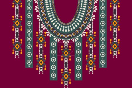 Illustration for Vector ethnic tribal African geometric neckline colorful pattern. African tribal art shirts fashion. Ethnic neck embroidery ornaments. Traditional African clothing design. Ethnic neckline pattern. - Royalty Free Image