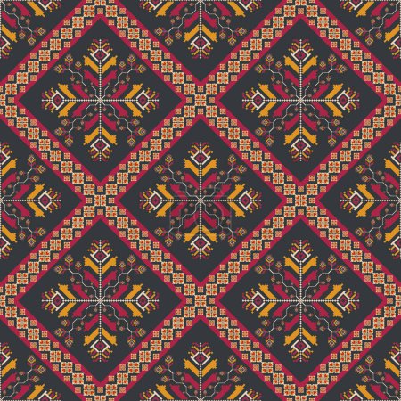 Illustration for Colorful embroidery floral pattern. Vector geometric floral square shape seamless pattern pixel art style. Ethnic floral square stitch pattern use for textile, wallpaper, carpet, cushion, upholstery. - Royalty Free Image